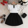 Girls Black and White Classic Set Ruffled Short Sleeve Bow Decorated Top + Pleated Skirt
