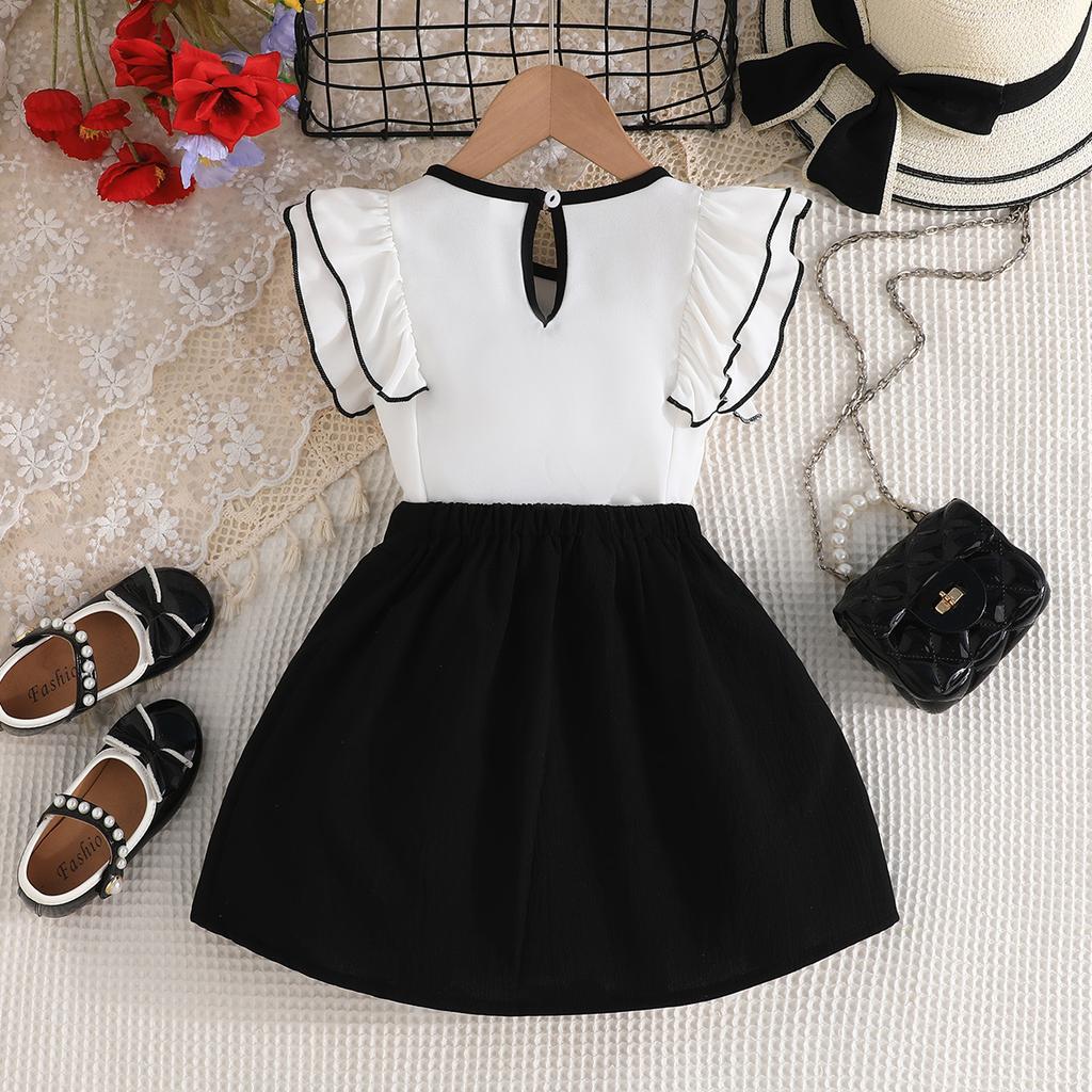 Girls Black and White Classic Set Ruffled Short Sleeve Bow Decorated Top + Pleated Skirt