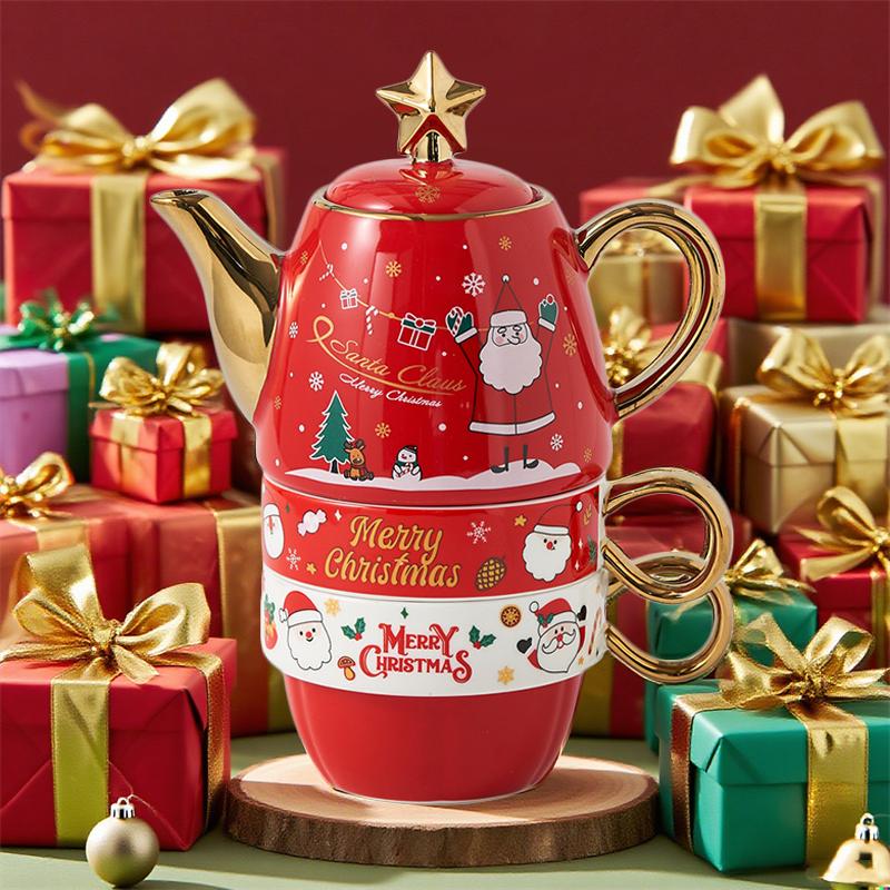 Christmas Teaware Sets Ceramic Teapot Teacups Set Gold Plated Handle Santa Elk Christmas Tree Afternoon Tea Cup Xmas Gifts Decor