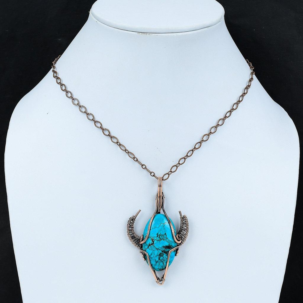 Tibetan Turquoise Pendant Copper Wire Wrapped Pendant Bull Face Shape Pendant Gemstone Handmade Pendant Copper Designer Jewelry Gift For Her