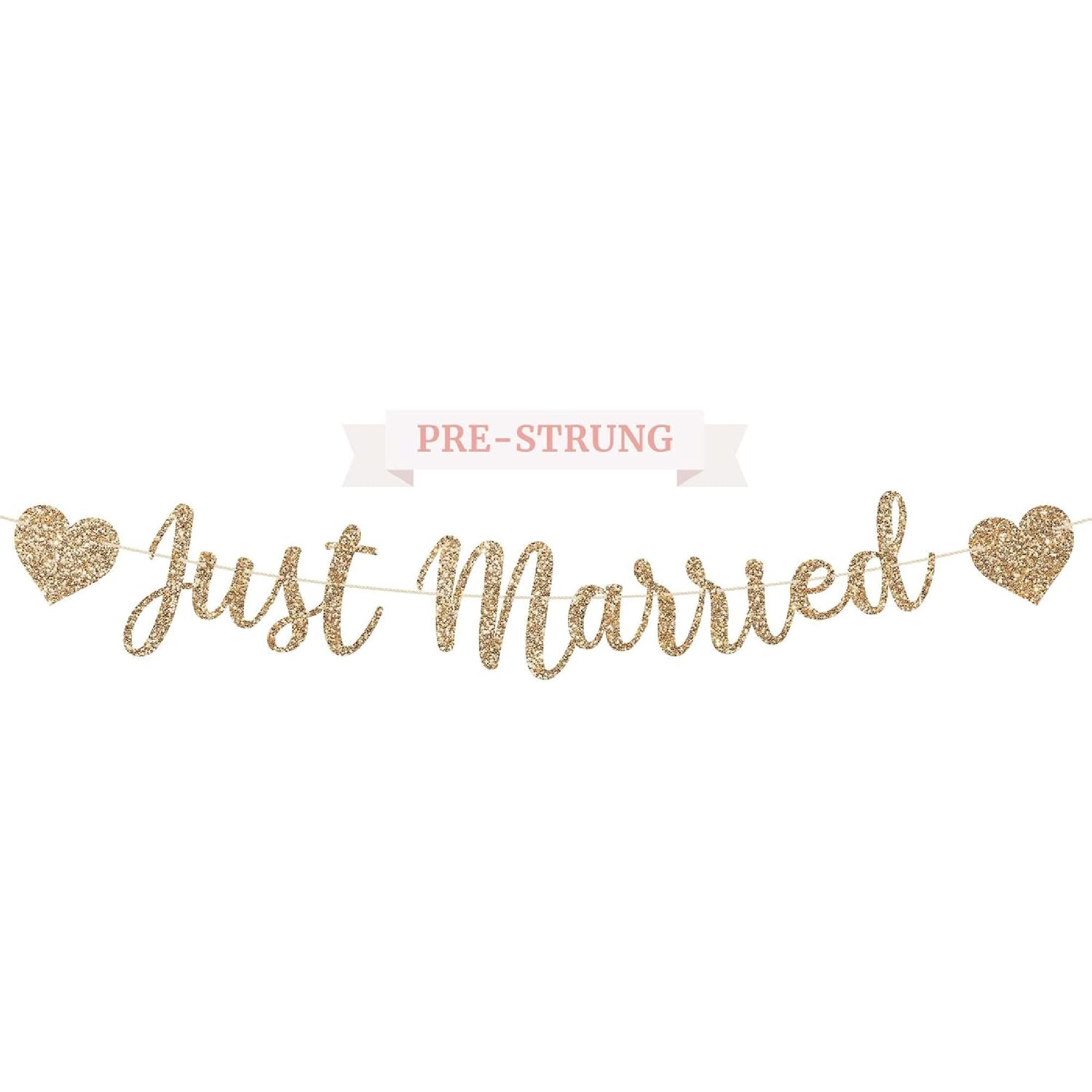Pre-strung Just Married Banner - No DIY - Gold Glitter Wedding Party Banner in Script - Pre-strung Garland on 6 ft Strand - Gold Wedding Reception