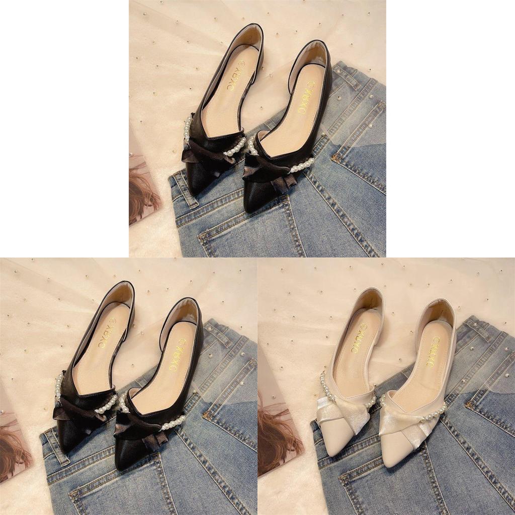 Small Fragrance Style Flat Shoes For Women With Pearl Side Cutouts And Elegant Design