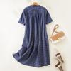 Japanese Style Blue Plaid Cotton Linen Shirt Dress for Women - Summer Short Sleeve Long Layered Design