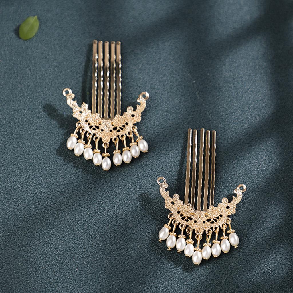 1 Paar Retro Chinesischer Stil Haarschmuck Goldfarben Metall Haarkämme Perlen Anhänger Dekor Frauen Mädchen Hanfu Kleid Party Haarnadeln