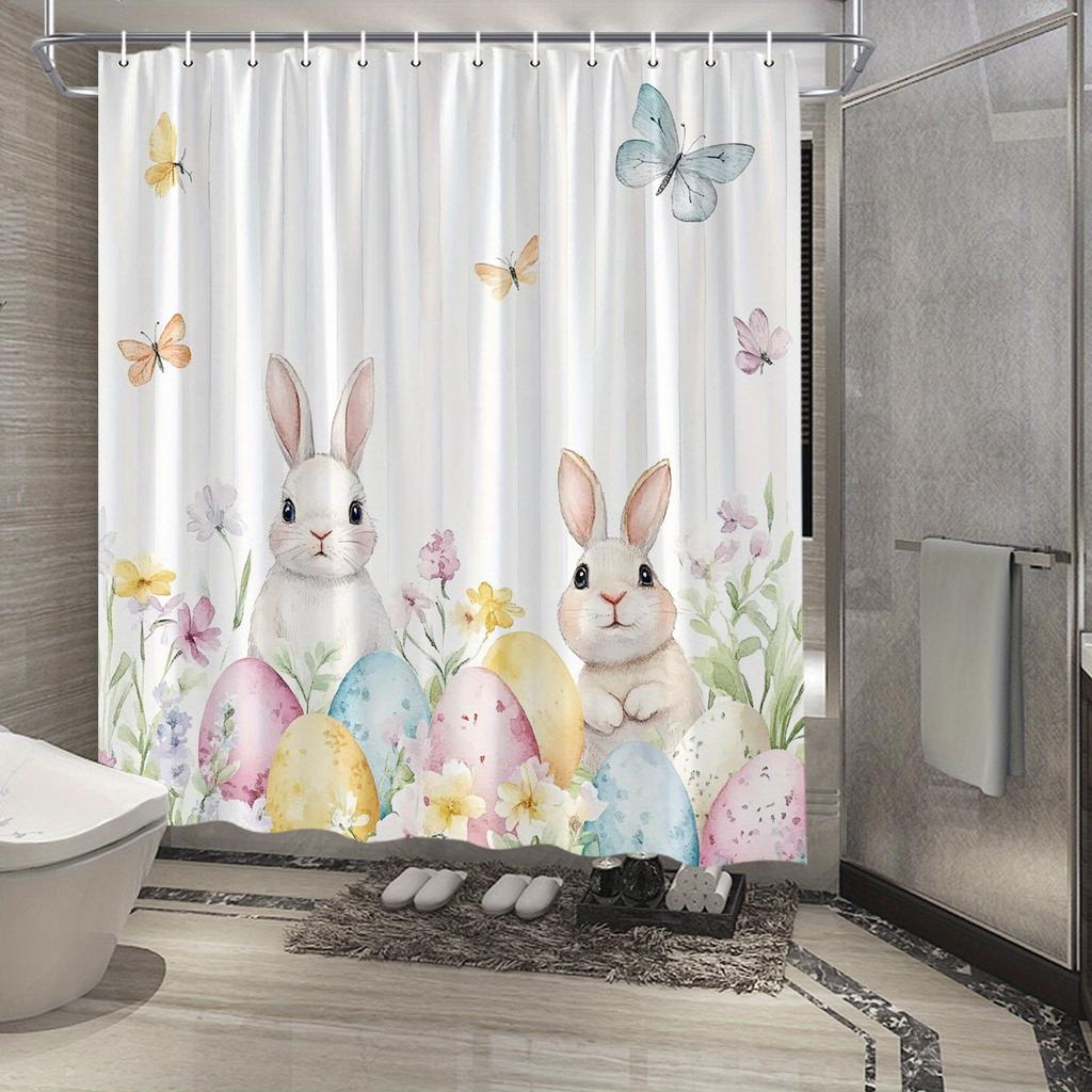 Easter Rabbit Shower Curtain - Watercolor Garden Design With Bunnies, Eggs & Butterflies, Festive Spring Theme, Polyester