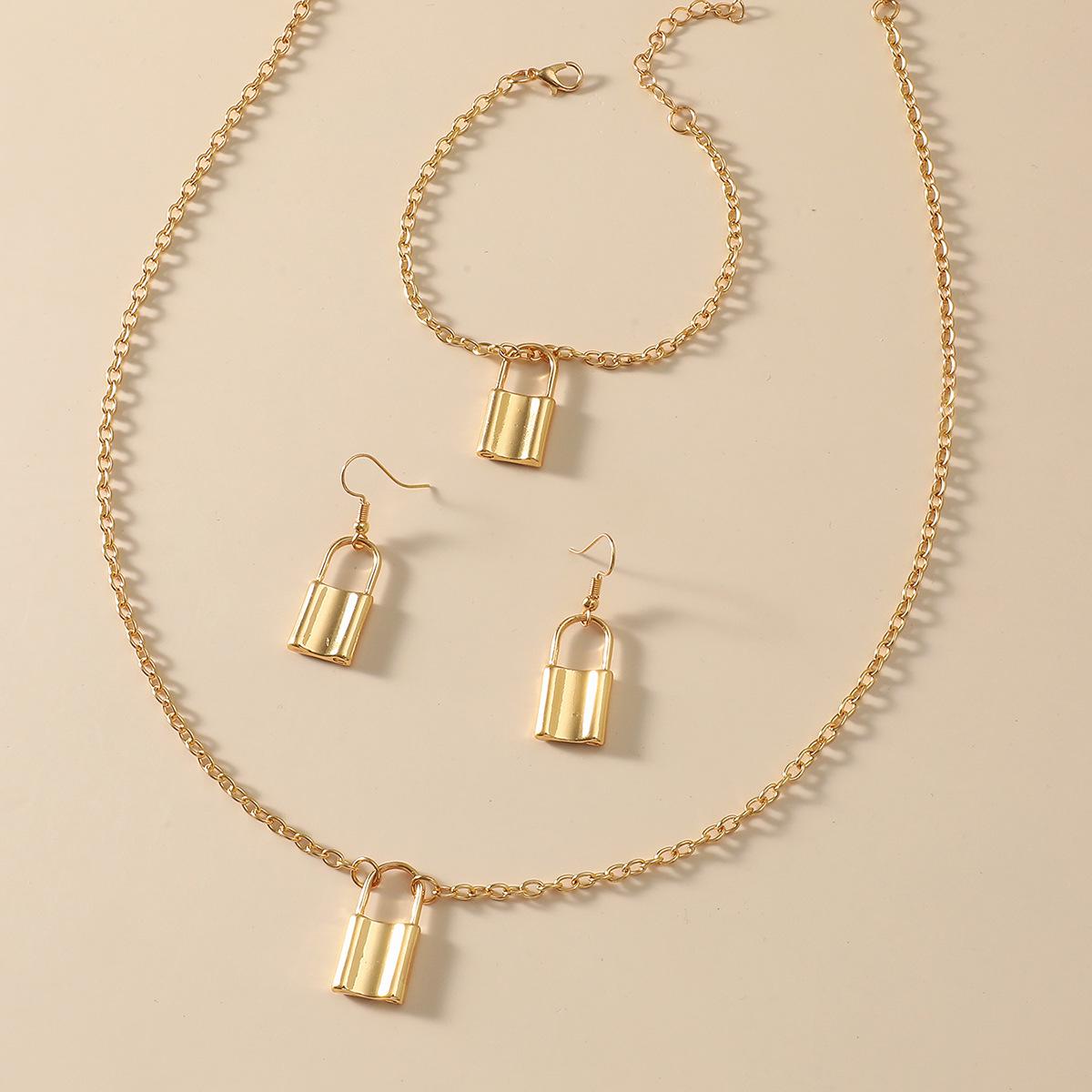 Trendy Lock Jewelry Set: Necklace, Bracelet, Earrings