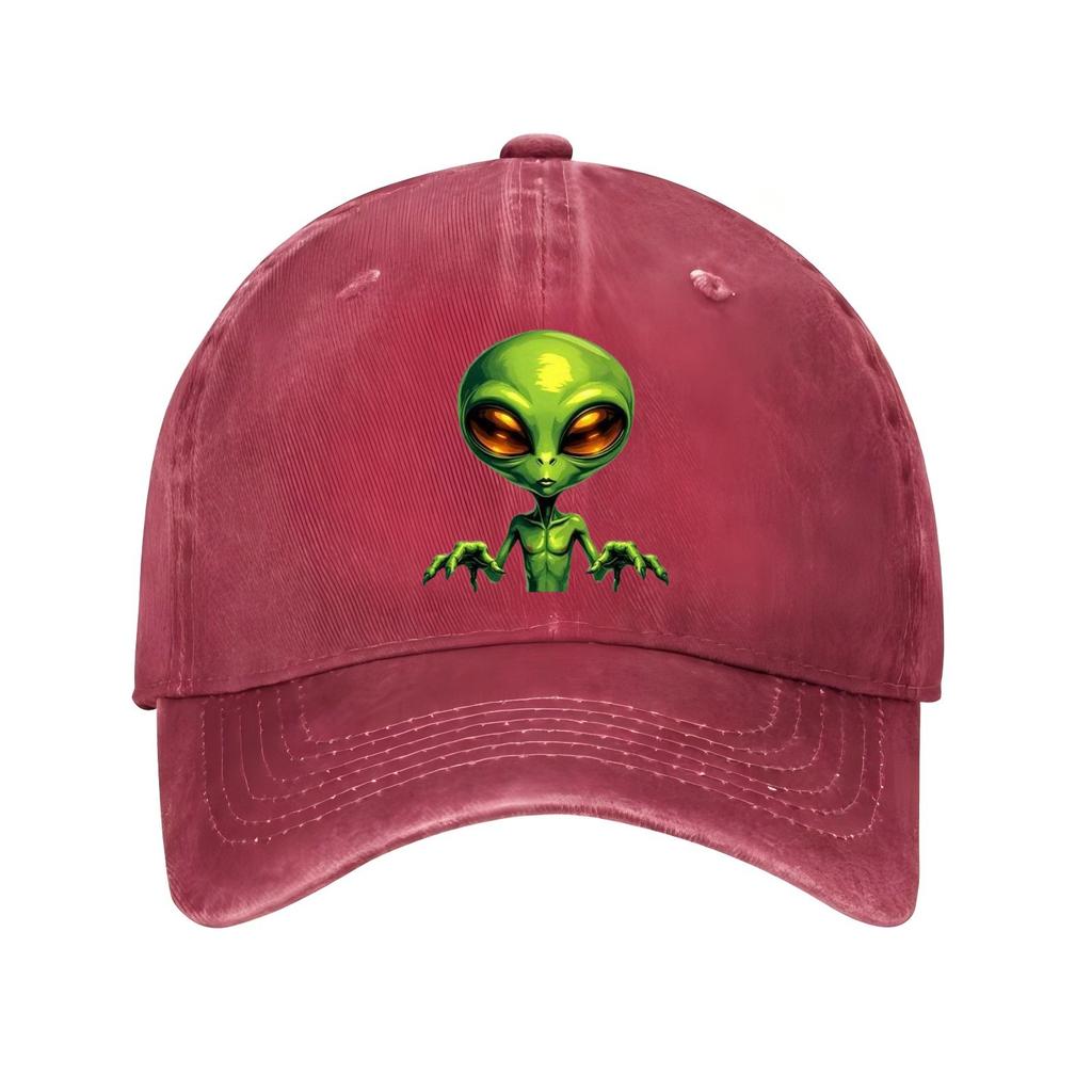 Green Alien Head Print Baseball Cap Unisex Cotton Adjustable Casual Outer Space Theme Hat