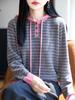 Women's Casual Wool Striped Hoodie - Three-Button, Color-Block, Loose Fit for Spring/Autumn