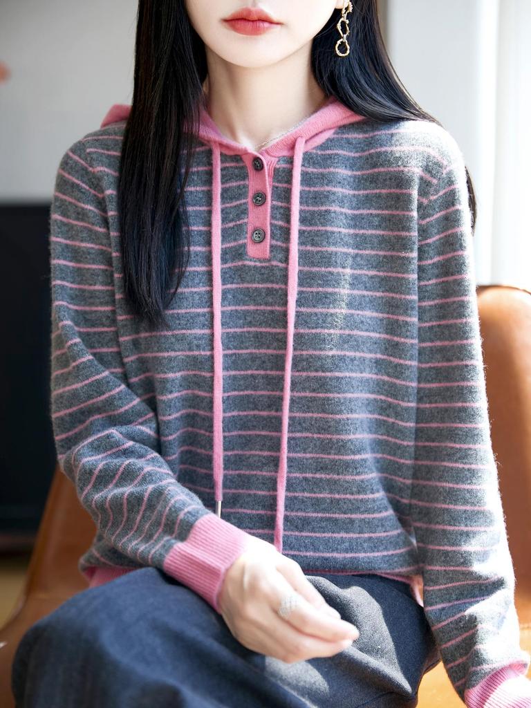 Women's Casual Wool Striped Hoodie - Three-Button, Color-Block, Loose Fit for Spring/Autumn