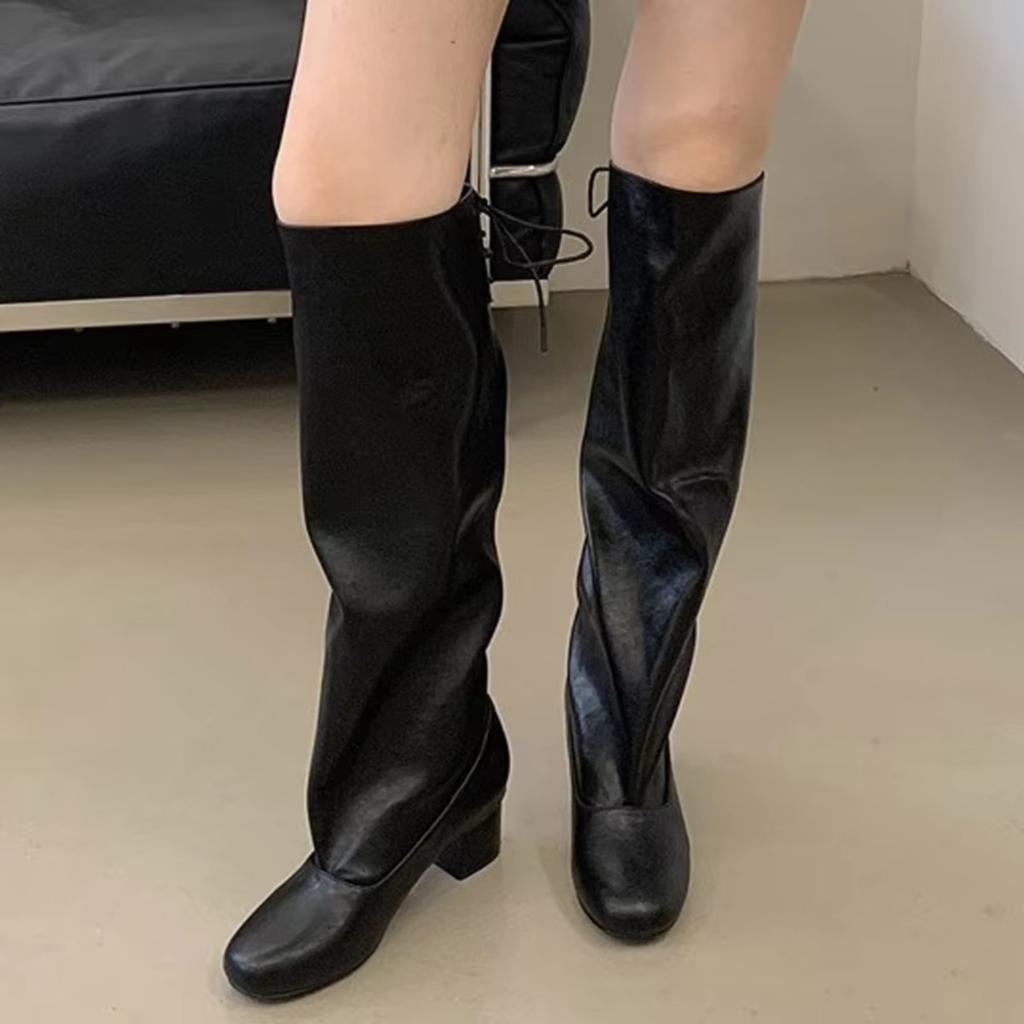 Eilyken New Fashion Round Toe Lace-up Knee-High Boots Woman Square Heels Long Booties Shoes Autumn Winter Zapatos De Mujer