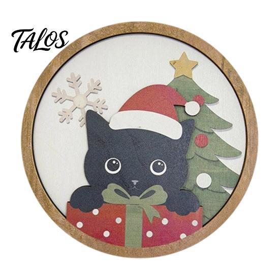Cute Animal Wall Art Christmas Black Cat Decor, Layered Wooden Hanging Sign, Round 2D Creative Layout Flat Decoration for Living Room Bedroom And Hall