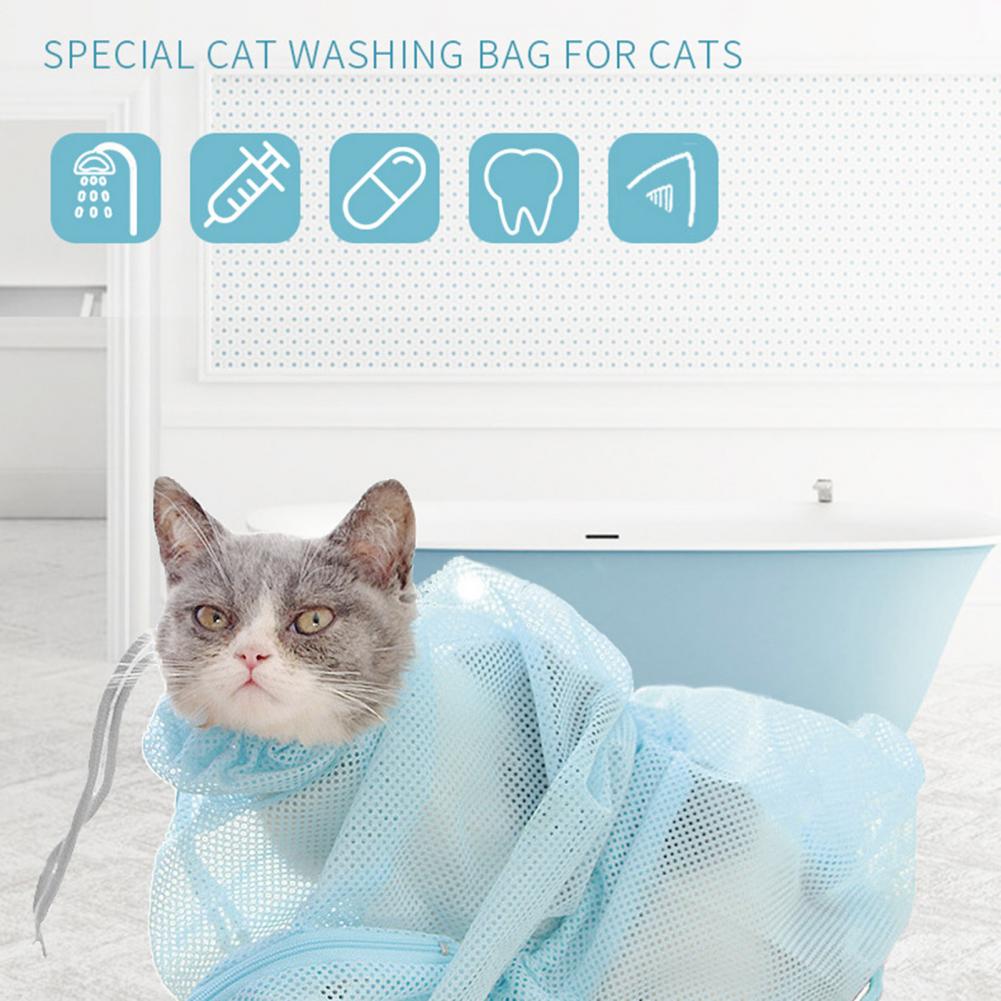Transparent Mesh Bag Zippered Bath Pouch Adjustable Mesh Cat Grooming Bag for Nail Trimming Bathing Anti-scratch Anti-bite Pet