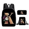 Fashion Novelty Flower letters A-Z 3D Print 3pcs/Set pupil School Bags Laptop Daypack Backpack Inclined shoulder bag Pencil Case