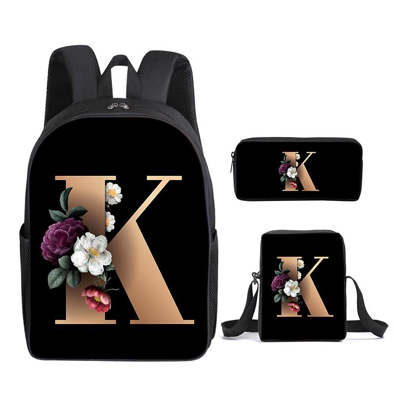 Fashion Novelty Flower letters A-Z 3D Print 3pcs/Set pupil School Bags Laptop Daypack Backpack Inclined shoulder bag Pencil Case