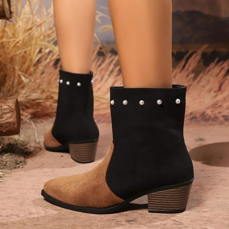 Suede High Heels Chelsea Ankle Boots Woman Beaded Trend Pointed Toe Shoes Woman New Winter Gladiaotr Chunky Fashion Botas Pumps