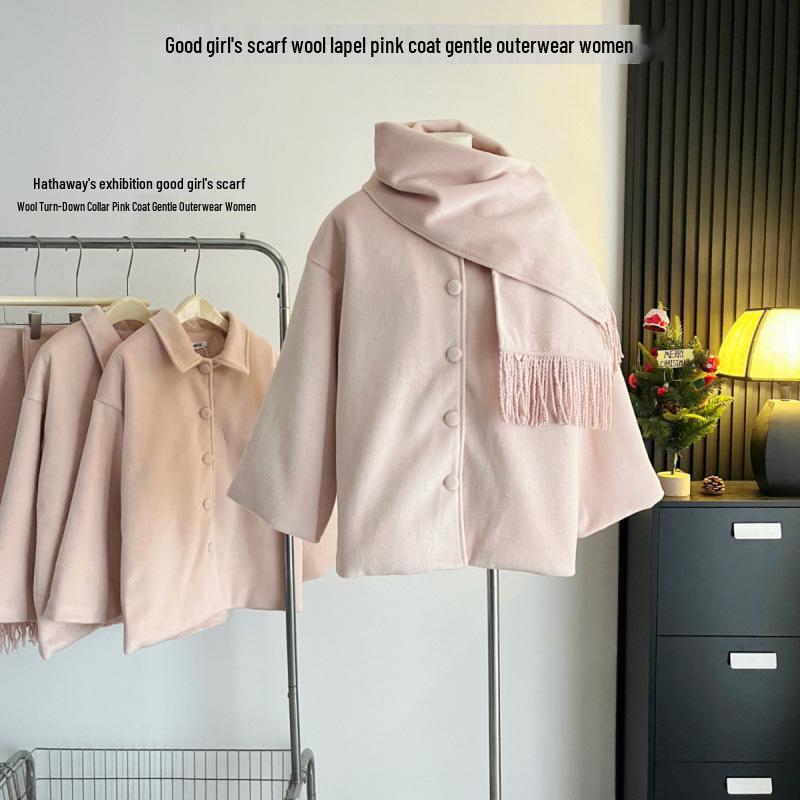 

Xinxing Women s Pink Wool Overcoat with Turn-Down Collar - Good Girl s Scarf Included M [95-112 lbs]