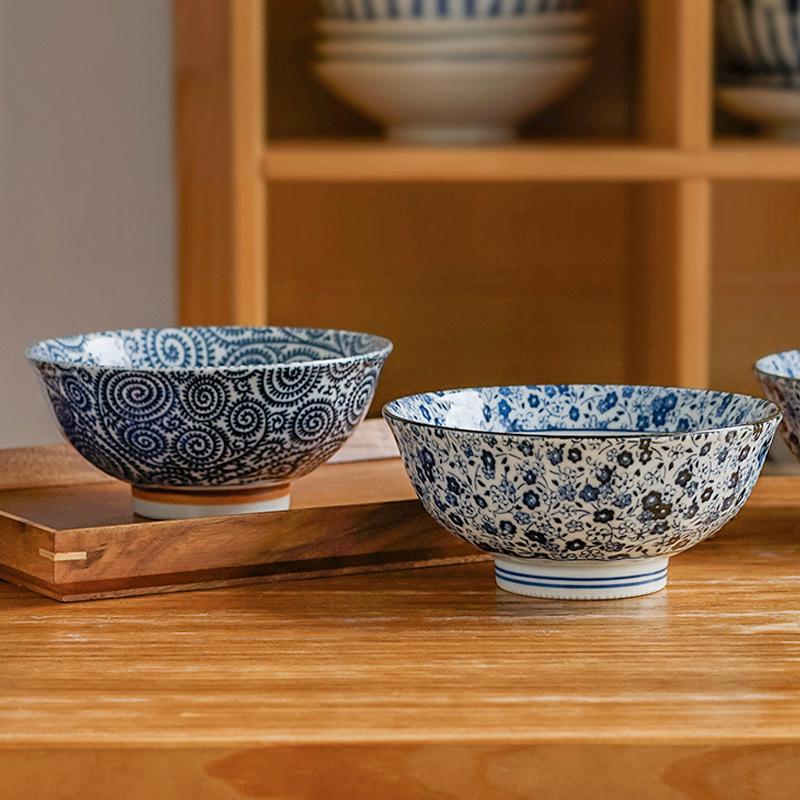 Japanese Mino Ware Sampo Blue Deep Rice Bowl Microwave Safe Large Retro Home Tableware
