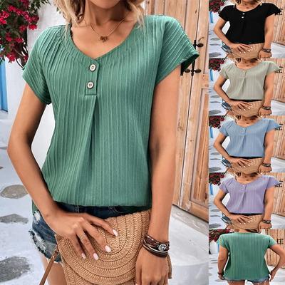 Primavera e verão estilo europeu e americano casual feminino top sólido torcido botão moda manga curta solto top