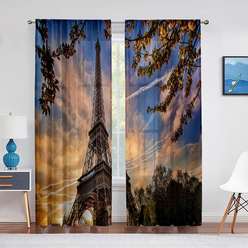 Paris Eiffel Tower Trees European City Landscape Voile Curtain Window Treatment Tulle Curtains for Living Room Sheer Curtains