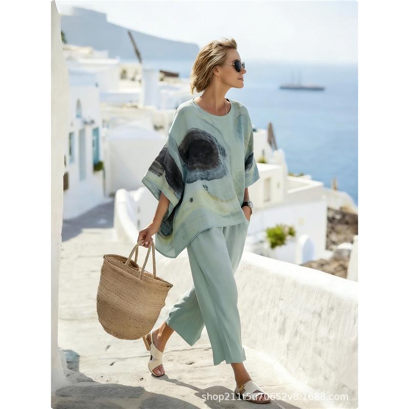 Summer new two-piece set, seven-quarter-sleeved women's round neck bohemian print casual suit
