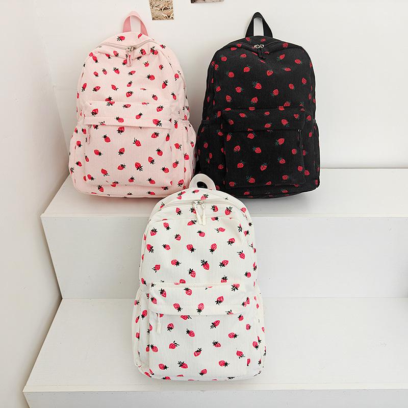 Schoolbag Korean version college student corduroy cute strawberry backpack sweet hipster travel small backpack