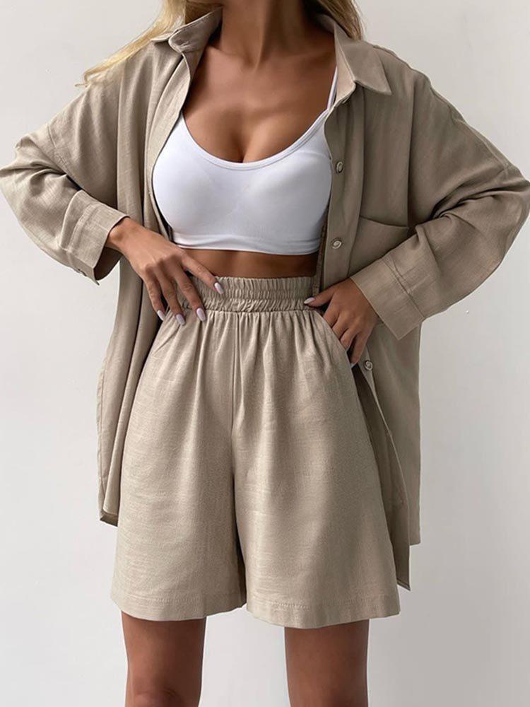 Cross-border Loose Fashion Suit Single-breasted Large-size Women's Clothing Long-sleeved Solid Color Shirt Casual Shorts two-pieCe Set