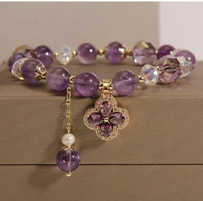 Amethyst Leichter Luxus Retro Vierblättriges Kleeblatt Armband für Damen