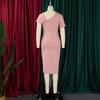 Women Fashion Elegant Solid High Waist Hip Wrap Short Sleeve Midi Dress