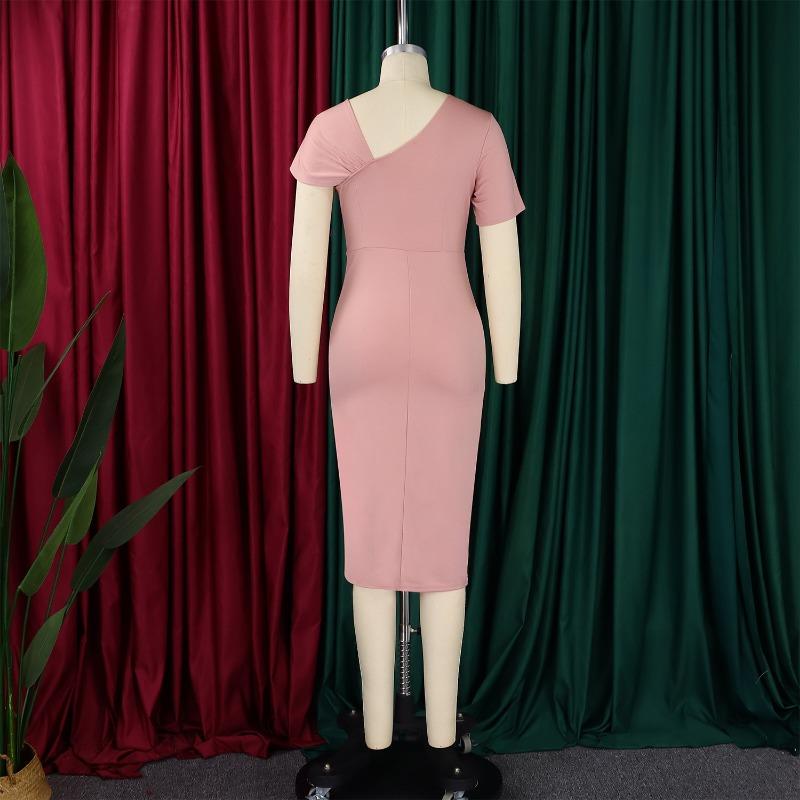 Women Fashion Elegant Solid High Waist Hip Wrap Short Sleeve Midi Dress