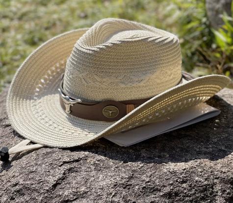 Bull head belt straw hat men and women spring and summer travel visor hat big brim western cowboy hat Tibetan straw jazz hat