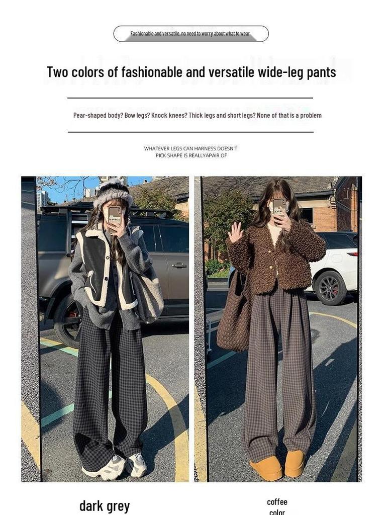 Women's High-Waisted Black and Gray Retro Plaid Wide-Leg Pants - Autumn/Winter 2024 Korean Style Slimming Casual Wear