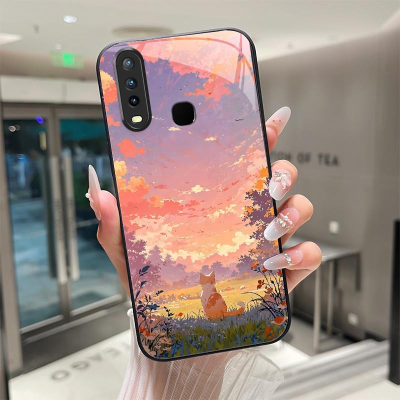 Beautiful Flower Cute Cats Case For Vivo Y11 2019 1906 Y12 Y17 Y15 Y19 Tempered Glass Phone Case Protective Cover Hard Shell