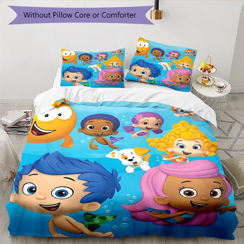 3pcs Bubble Guppies Design Cover Set - HD Printed Bedding with 1 Cover and 2 Pillowcases - Perfect for Home and Dorm Decor
