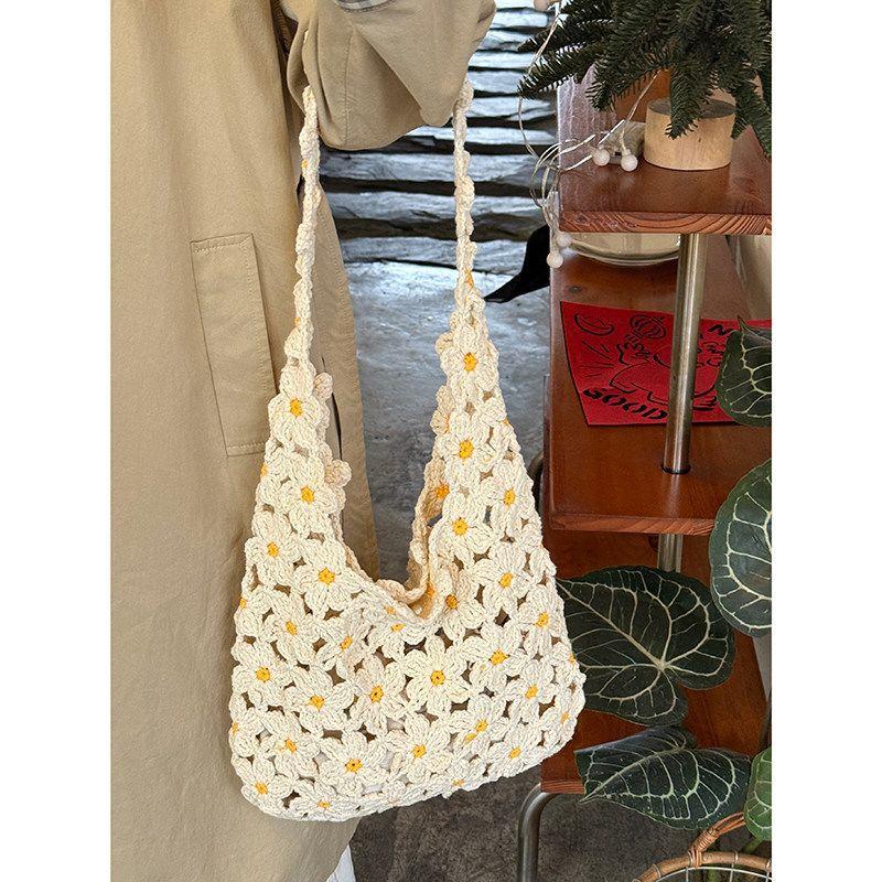 Sac fourre-tout en tricot, Sac à bandoulière unique fait main style rural, Sac style vacances pour le trajet