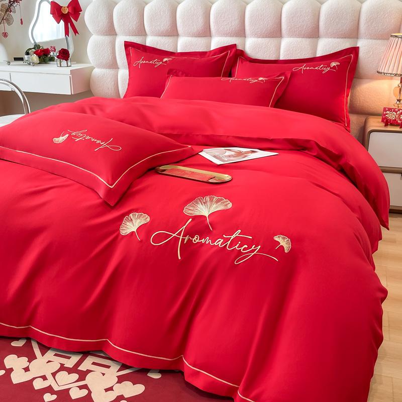 Clever Plan for Washing Cotton Wedding Four Piece Set, Red Embroidery Wedding Four Piece Set, Festive Wedding Four Piece Set