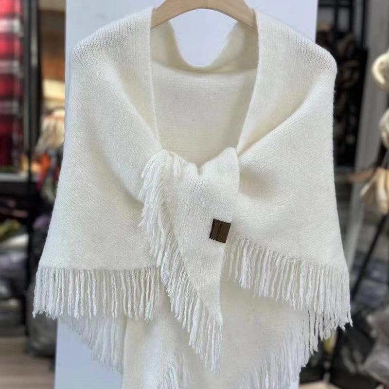 Winter Warm Wool Blended Scarves for Women Solid Color 175cm Large Triangle Shawl with Tassels