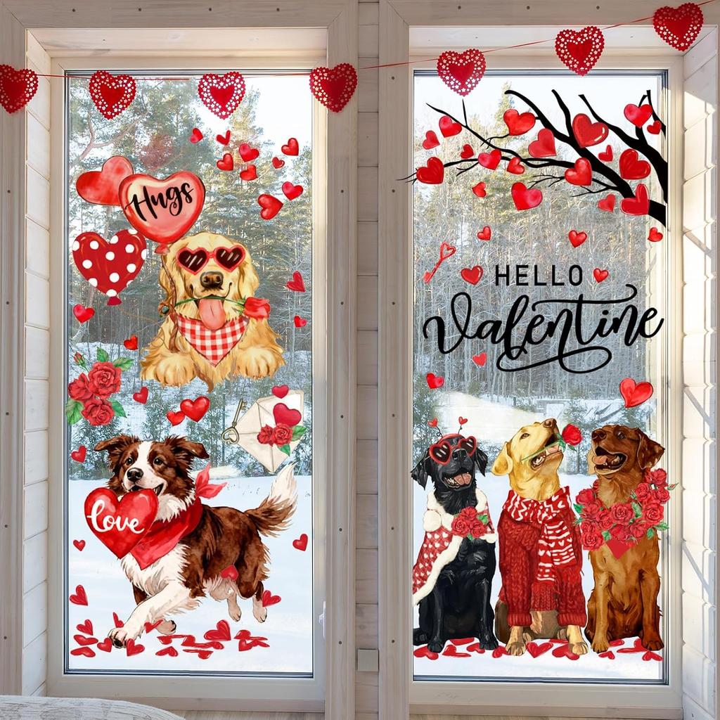Valentine's Day Window Clings Window Stickers Love Heart Dog Double-Sided Glass Decals for Wedding Anniversary Home Office Classroom Party Wall