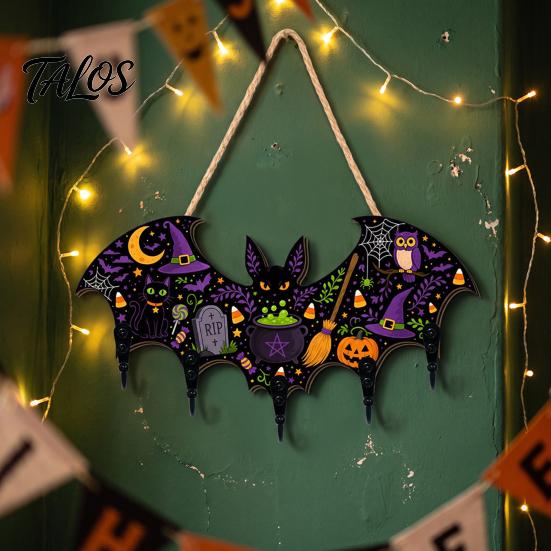 Rustic Halloween Decorations Bat Shaped Wooden Key Hook, 2D Wall Mounted Hanging Decor with Entryway Organizer Hooks Pumpkin Ghost Witch Pattern,