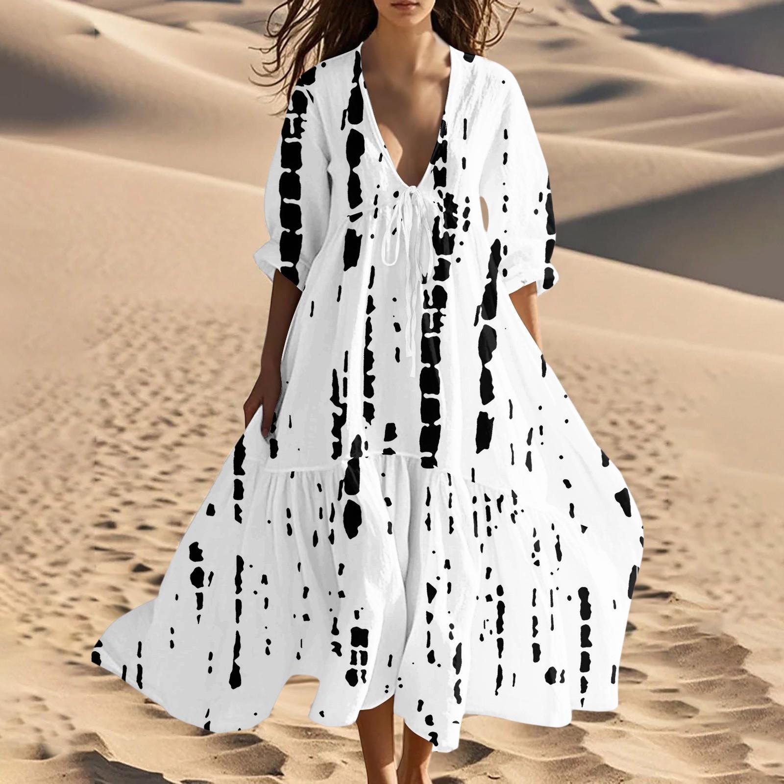 

Женские летние модные платья с V-образным вырезом, пляжные, длинные, с геометрическим принтом, шнуровкой и вставками XXL белый