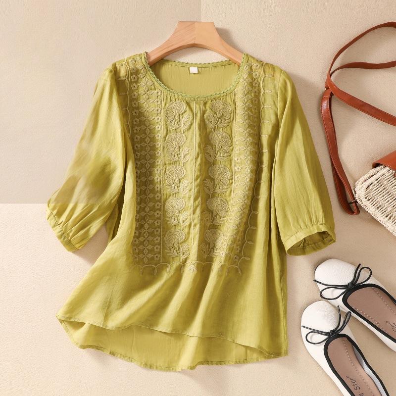 

Футболка со средним рукавом и вышивкой, свободная, в стиле ретро, из хлопка и льна, для женщин, летний тонкий дизайн высокого класса M белый