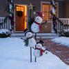 Decorative Holiday Post Vintage Metal Christmas Snowman Ground Stake, Distressed Yard Sculpture with Three Climbing Snowmen Entryway Decoration