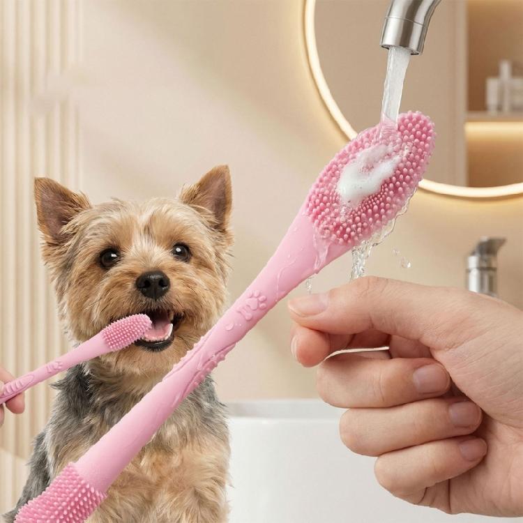 Efficient Pet Toothbrush For Dog And Cats with Double Head Design Removes Tartar Promote Freshed Breath Comfortable Grip