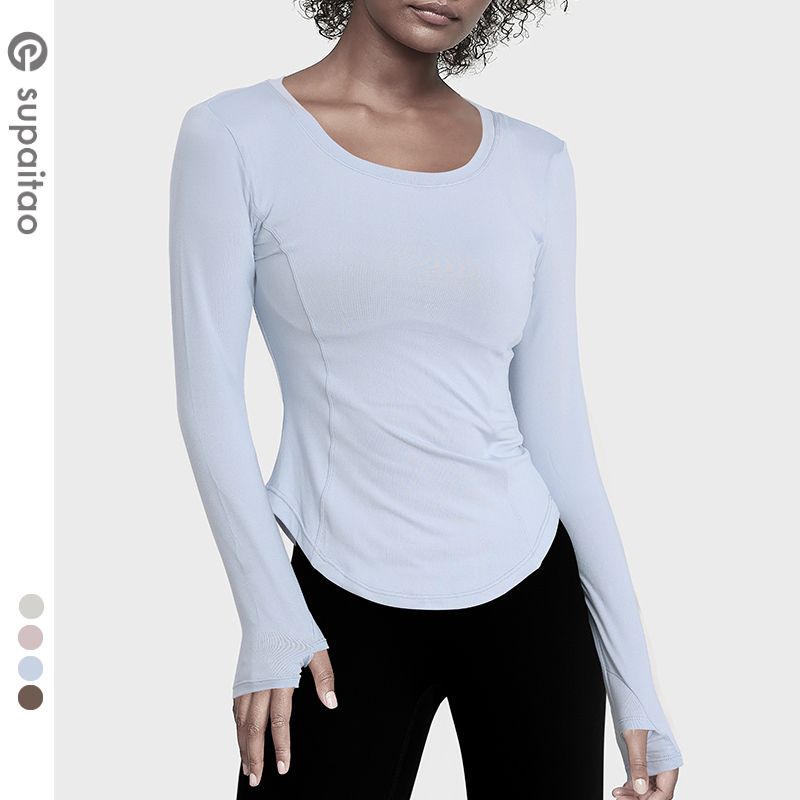 

Supeitao Silm Long Sleeves Yoga Clothing Top Sports T-Shirt Belly Contracting Nude Feel Fever Quick-Drying Workout Clothes Female Fall and Winter Bliss Blue S