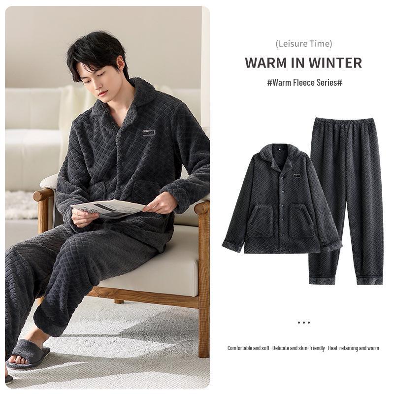 Men's Plus Size Flannel Cardigan Pajamas - Thickened Velvet Winter Homewear