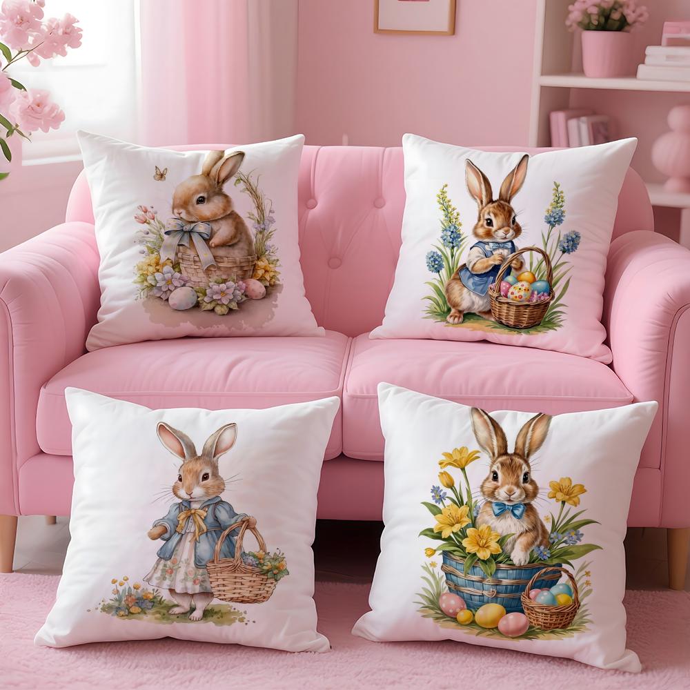 Easter Bunny Cushion Cover Plush Fabric Soft Double-Sided Printed Sofa Warm Winter Home Gift Pillow Case