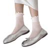 Stylish Womens Solid Color Middle Length Mesh Socks with Ruffle Turn Cuff Frilly Edging Seamless Breathable Crew Socks