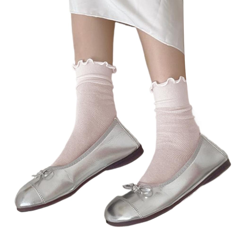 Stylish Womens Solid Color Middle Length Mesh Socks with Ruffle Turn Cuff Frilly Edging Seamless Breathable Crew Socks