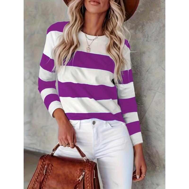 

Универсальная полосатая футболка с длинными рукавами, повседневный топ с круглым вырезом на весну и осень, женская одежда S зелёный