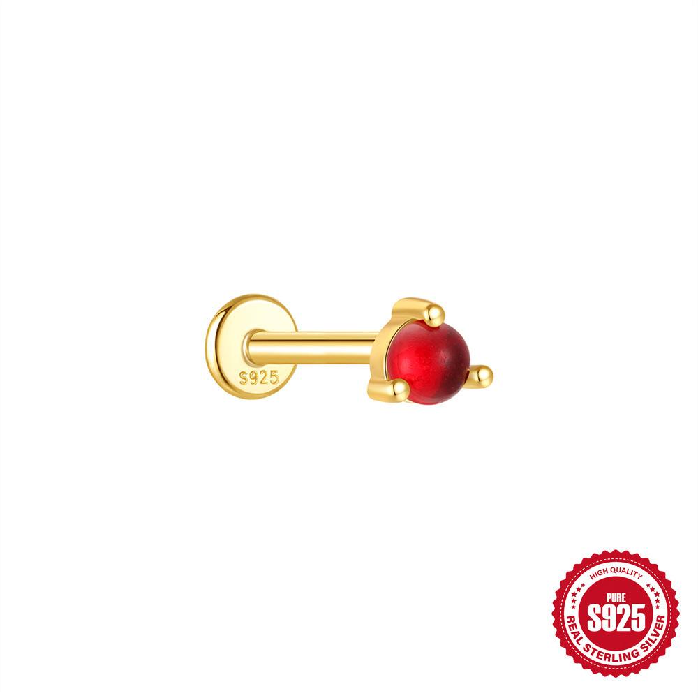 S925 Sterling Silver Green Fresh Retro Red Color Flat Head Stud Earrings Round Personality Versatile Earbone Stud Puncture