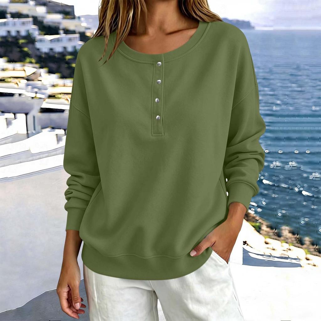 Women's Button Front Neck Pullover Sweatshirt Long Sleeve Color